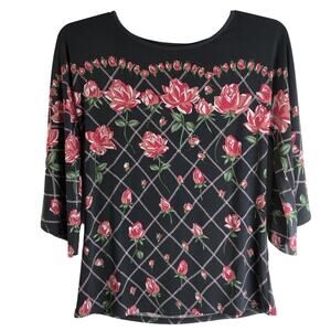 Bob Mackie Women Blouse Top Sz XXS Gray Pink Floral Rose Wearable Art Kimono Sle